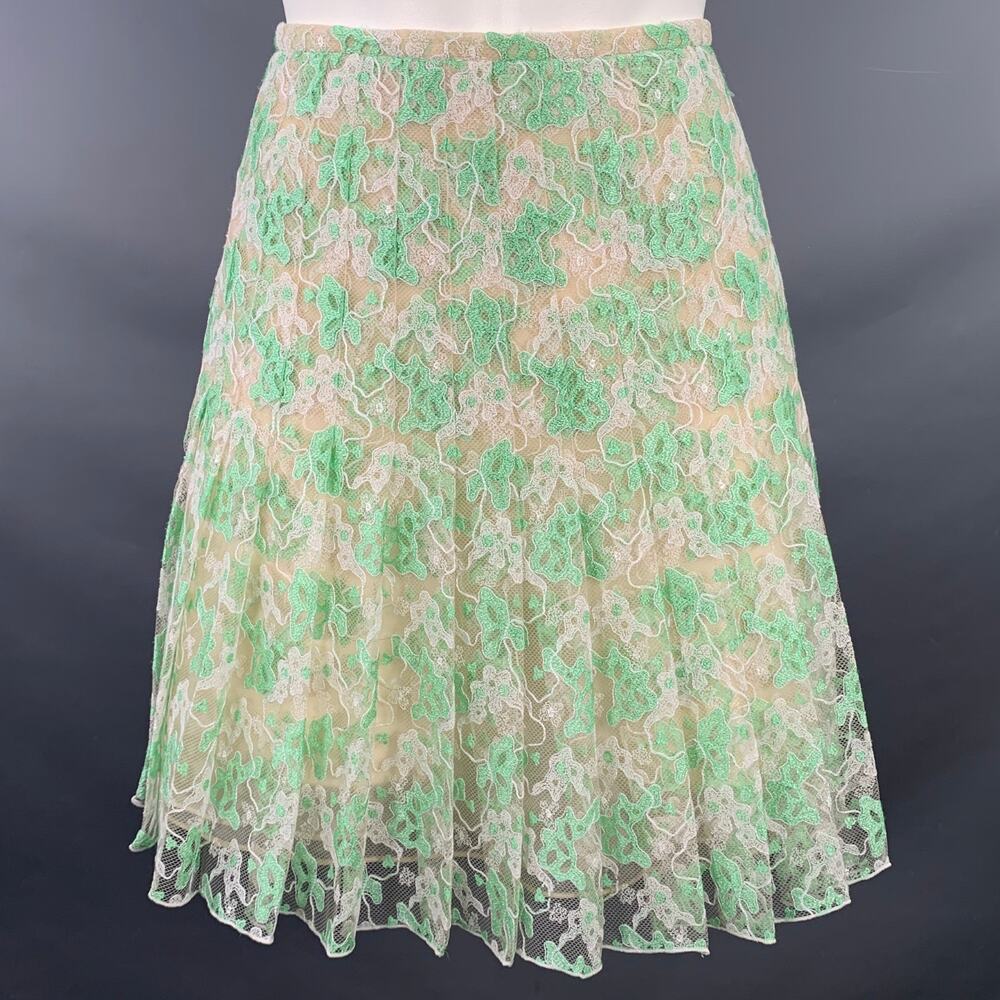 CHRISTOPHER KANE Size 6 Green Cream Silk Pleated Above Knee Skirt